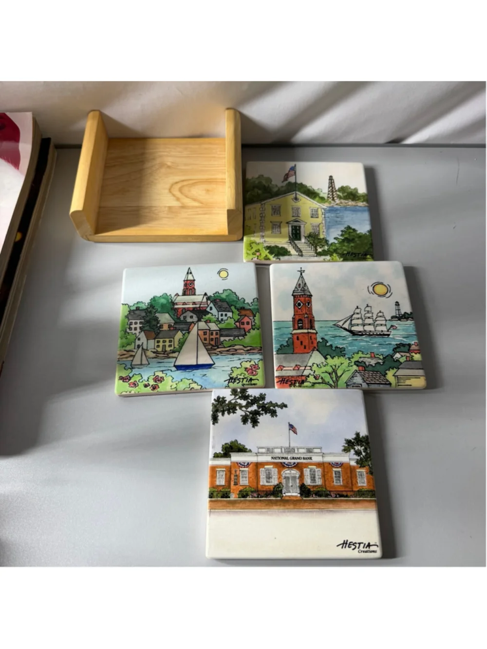 Hestia Creations Ceramic Coaster Set with Wooden Holder, One Size, Multi-color